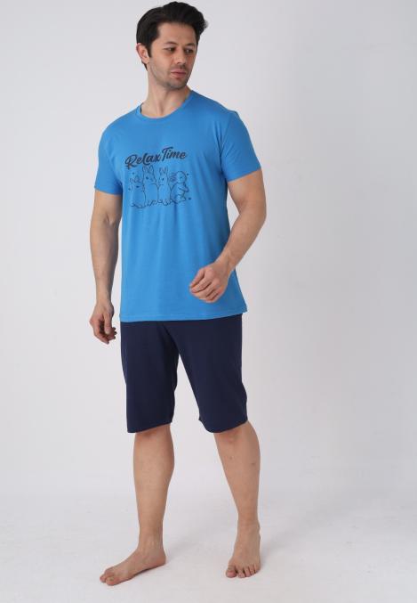 Pijama barbat cu maneca scurta si pantaloni 3/4, culoare albastru, Engros